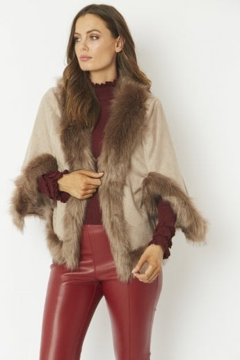 JAYLEY Mocha Faux Fur Faux Suede Cape Jacket