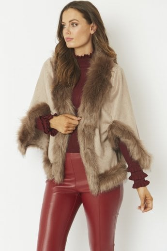 JAYLEY Mocha Faux Fur Faux Suede Cape Jacket