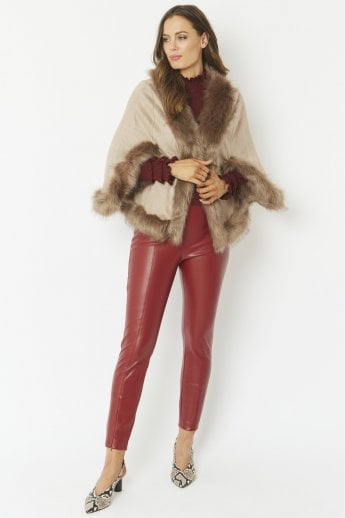 JAYLEY Mocha Faux Fur Faux Suede Cape Jacket