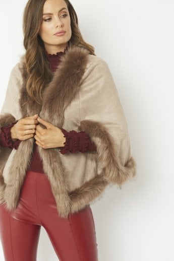 JAYLEY Mocha Faux Fur Faux Suede Cape Jacket