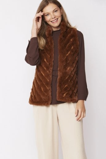 JAYLEY Mocha Faux Fur Faux Suede Diagonal Stripe Gilet | Waistcoat