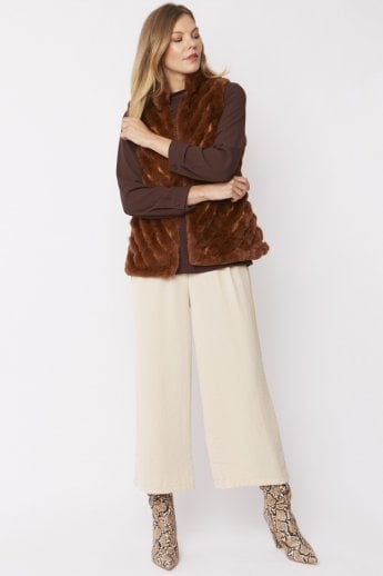 JAYLEY Mocha Faux Fur Faux Suede Diagonal Stripe Gilet | Waistcoat