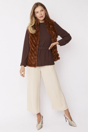 JAYLEY Mocha Faux Fur Faux Suede Diagonal Stripe Gilet | Waistcoat