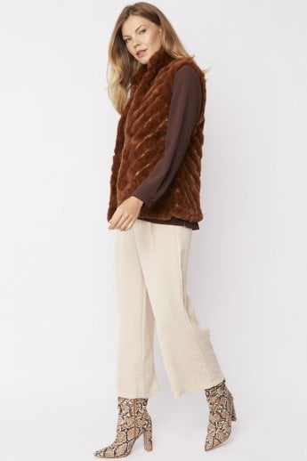 JAYLEY Mocha Faux Fur Faux Suede Diagonal Stripe Gilet | Waistcoat