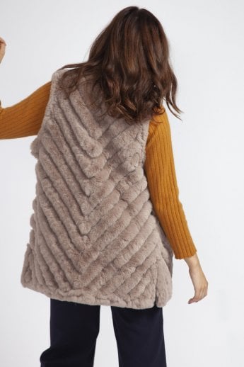 JAYLEY Mocha Faux Fur Faux Suede Diagonal Striped Long Gilet | Waistcoat