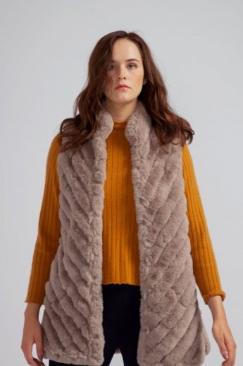 JAYLEY Mocha Faux Fur Faux Suede Diagonal Striped Long Gilet | Waistcoat
