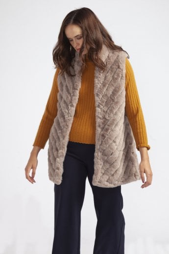JAYLEY Mocha Faux Fur Faux Suede Diagonal Striped Long Gilet | Waistcoat