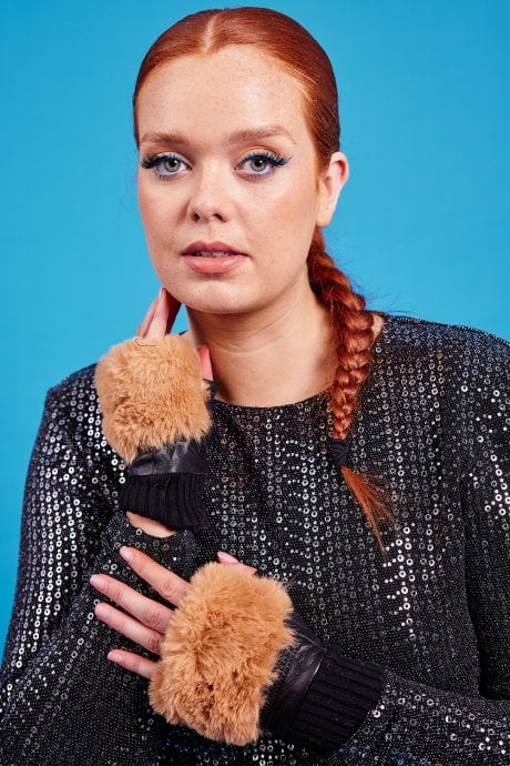 JAYLEY Mocha Faux Fur Fingerless Gloves