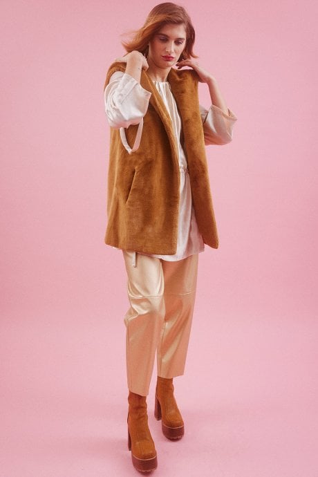 JAYLEY Mocha Faux Fur Hooded Gilet | Waistcoat