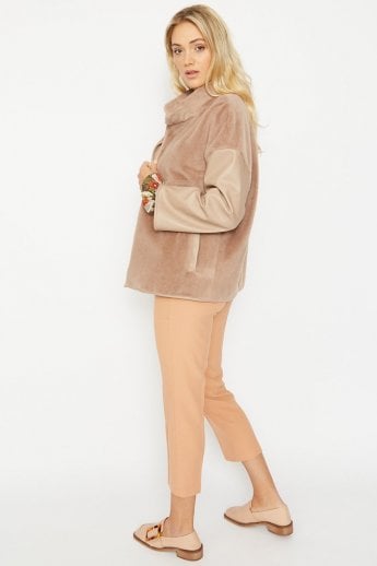 JAYLEY Mocha Faux Fur Jacket With Leather Effect Sleeve