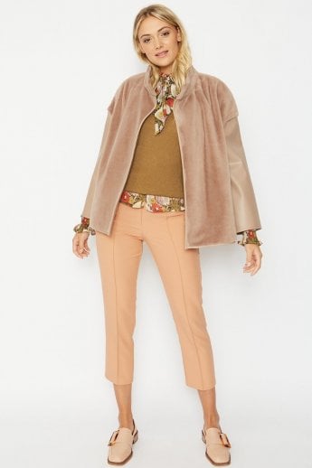 JAYLEY Mocha Faux Fur Jacket with Leather Effect Sleeve