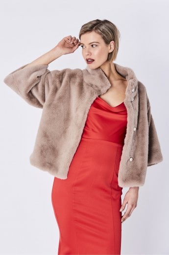 JAYLEY Mocha Faux Fur Jacket With Pearls