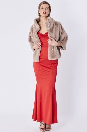 JAYLEY Mocha Faux Fur Jacket With Pearls