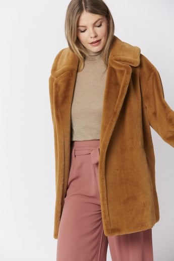 JAYLEY Mocha Faux Fur Midi Coat