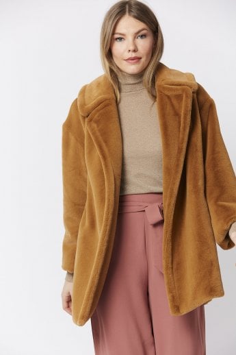 JAYLEY Mocha Faux Fur Midi Coat