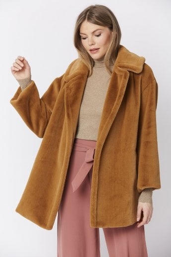 JAYLEY Mocha Faux Fur Midi Coat