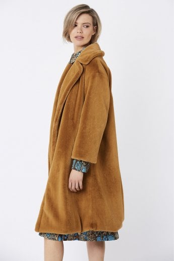 JAYLEY Mocha Faux Fur Midi Shaved Shearling Coat