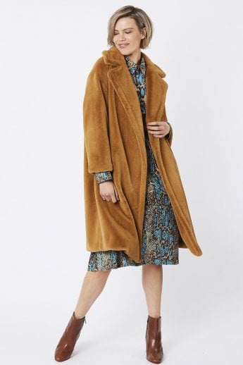 JAYLEY Mocha Faux Fur Midi Shaved Shearling Coat