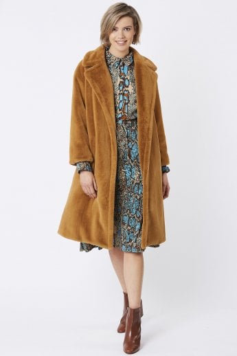 JAYLEY Mocha Faux Fur Midi Shaved Shearling Coat