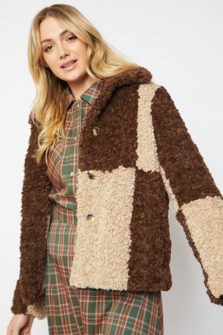JAYLEY Mocha Faux Shearling Checkered Oversized Coat