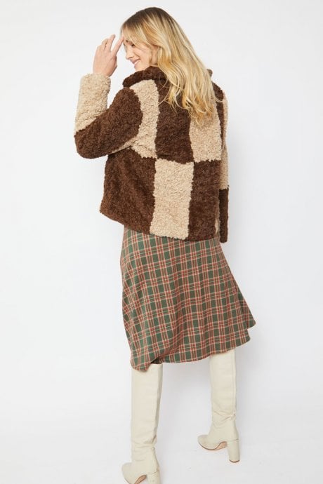 JAYLEY Mocha Faux Shearling Checkered Oversized Coat