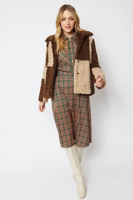 JAYLEY Mocha Faux Shearling Checkered Oversized Coat