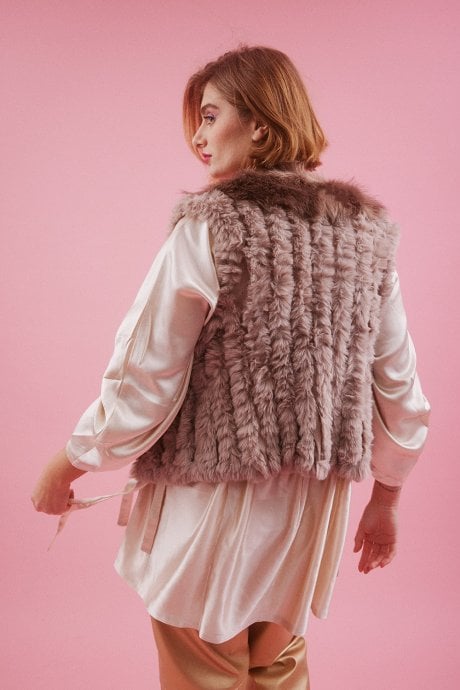 JAYLEY Mocha Faux Suede And Knitted Faux Fur Gilet | Waistcoat