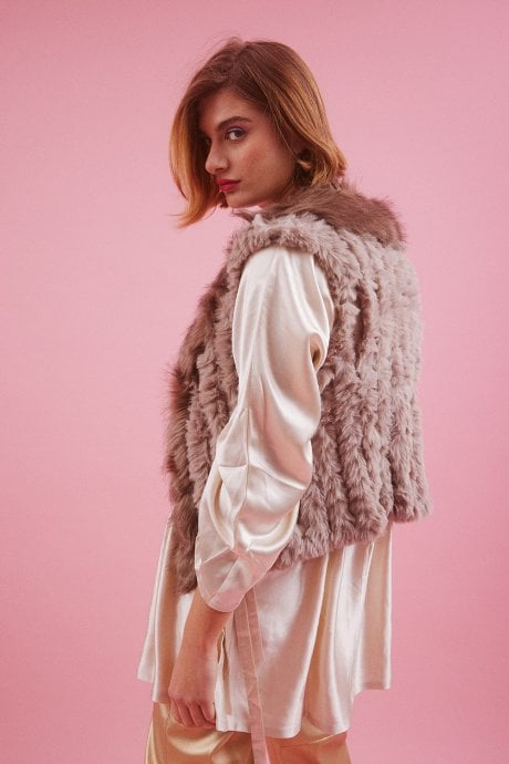 JAYLEY Mocha Faux Suede And Knitted Faux Fur Gilet | Waistcoat