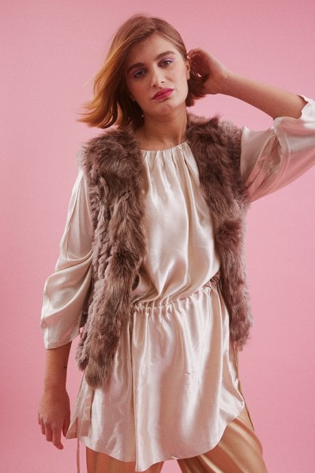 JAYLEY Mocha Faux Suede and Knitted Faux Fur Gilet | Waistcoat