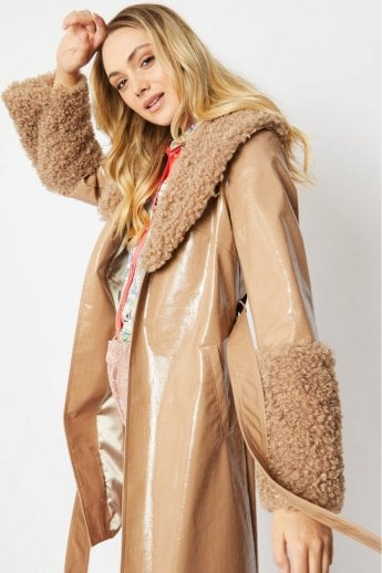 JAYLEY Mocha Faux Suede Aurora Coat With Faux Shearling Cuff & Collar