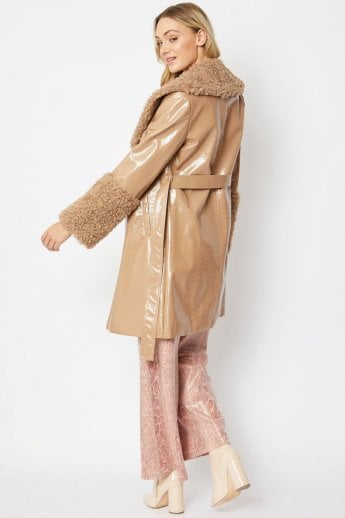 JAYLEY Mocha Faux Suede Aurora Coat With Faux Shearling Cuff & Collar