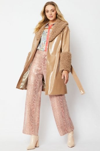 JAYLEY Mocha Faux Suede Aurora Coat with Faux Shearling Cuff & Collar