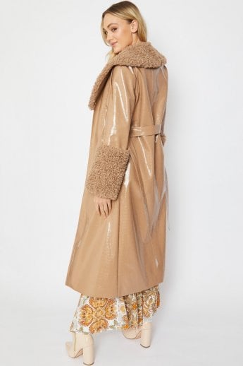 JAYLEY Mocha Faux Suede Coat With Detachable Faux Shearling Cuffs & Collar