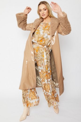 JAYLEY Mocha Faux Suede Coat With Detachable Faux Shearling Cuffs & Collar