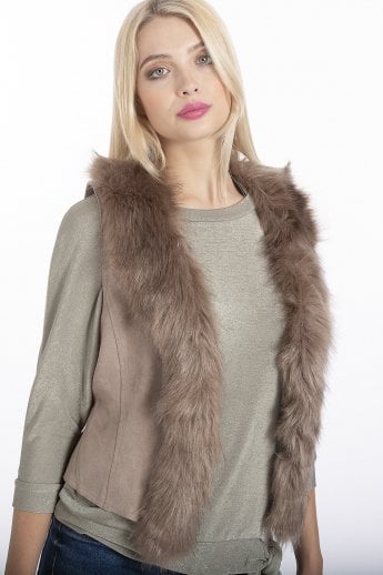 JAYLEY Mocha Faux Suede Gilet | Waistcoat With Faux Fur Collar