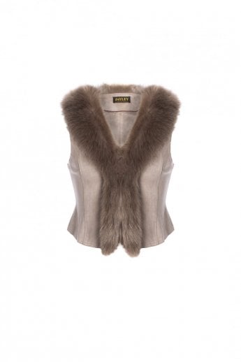 JAYLEY Mocha Faux Suede Gilet | Waistcoat with Faux Fur Collar
