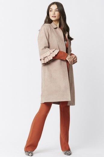 JAYLEY Mocha Faux Suede Midi Jacket With Frill Sleeve