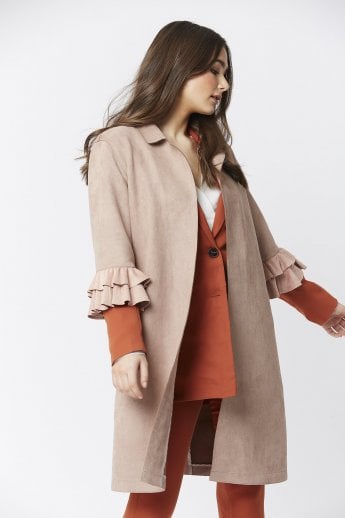 JAYLEY Mocha Faux Suede Midi Jacket With Frill Sleeve