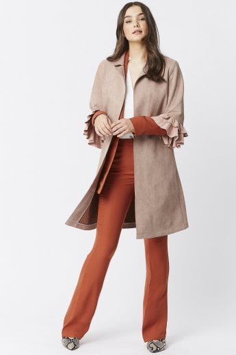 JAYLEY Mocha Faux Suede Midi Jacket With Frill Sleeve