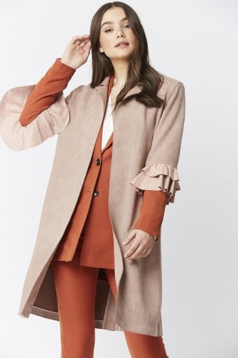 JAYLEY Mocha Faux Suede Midi Jacket with Frill Sleeve