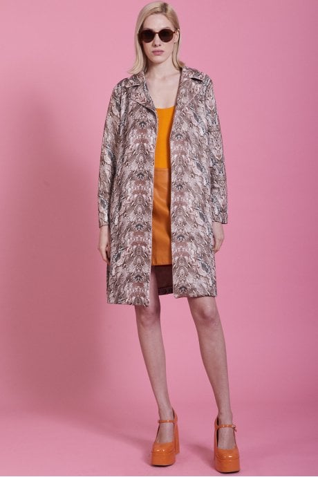 JAYLEY Mocha Faux Suede Snakeskin Effect Trench Jacket