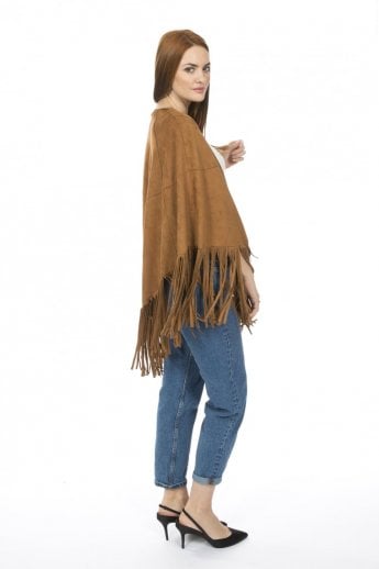 JAYLEY Mocha Faux Suede Tassel Cape With Pockets