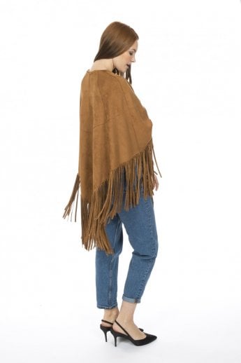 JAYLEY Mocha Faux Suede Tassel Cape With Pockets