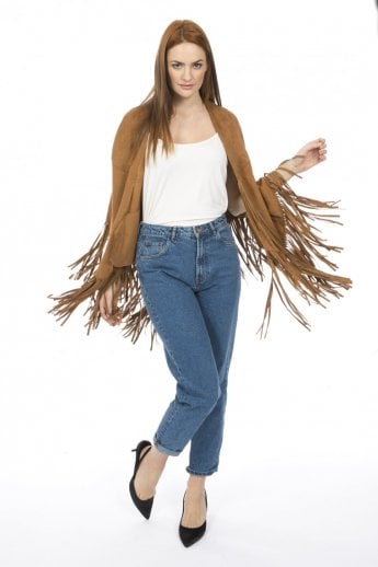 JAYLEY Mocha Faux Suede Tassel Cape With Pockets