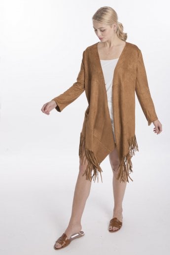 JAYLEY Mocha Faux Suede Tassel Coat