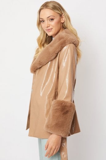 JAYLEY Mocha Faux Suede With Detachable Faux Fur Collar And Cuffs