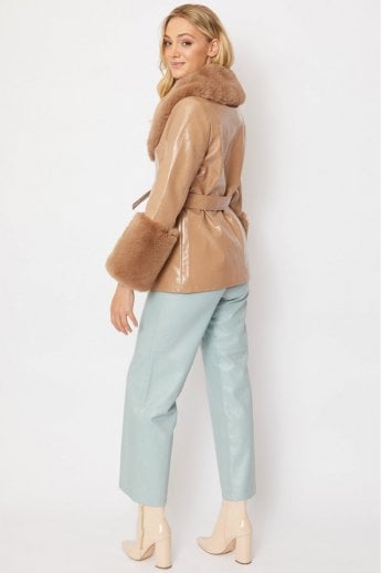 JAYLEY Mocha Faux Suede With Detachable Faux Fur Collar And Cuffs