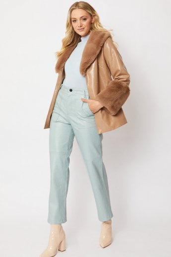 JAYLEY Mocha Faux Suede With Detachable Faux Fur Collar and Cuffs