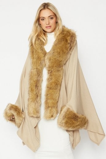 JAYLEY Mocha Knitted Luxury Faux Fur Cape