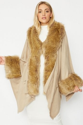 JAYLEY Mocha Knitted Luxury Faux Fur Cape